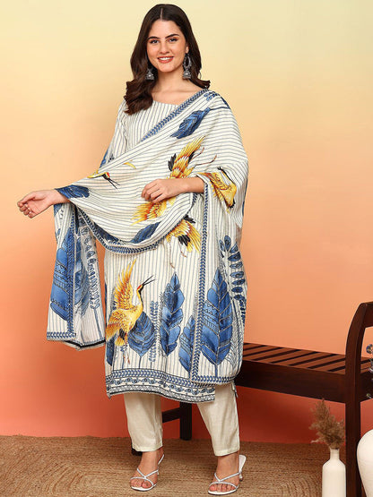 Floral Printed Thread Work Art Silk Straight Kurta With Trousers & Dupatta
