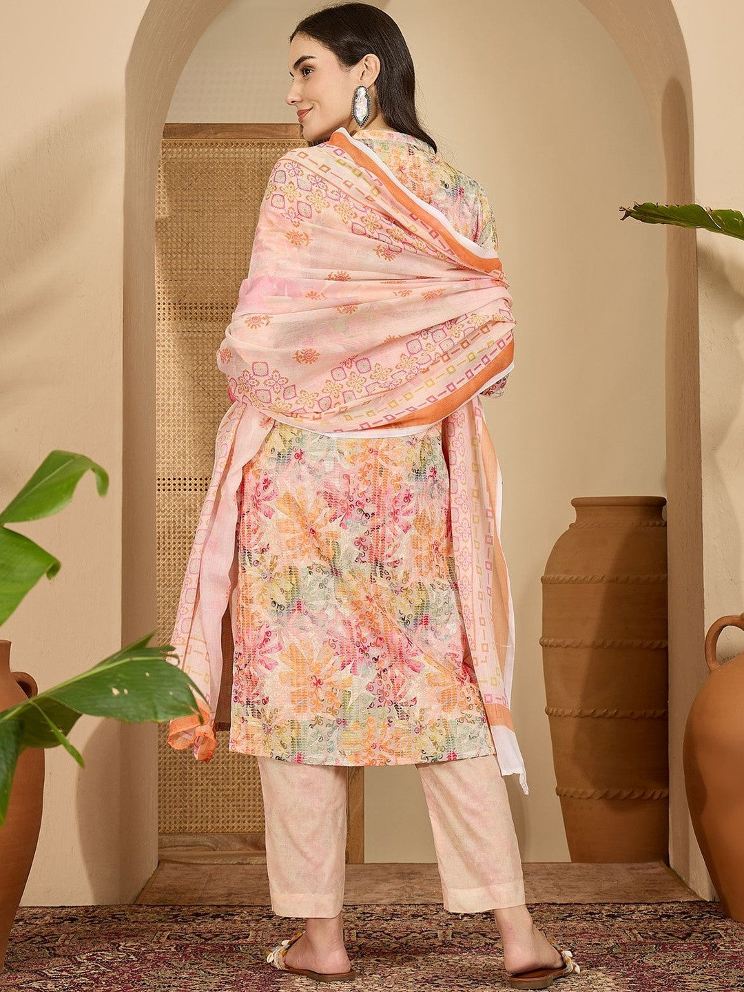 Floral Embroidered Thread Work Pure Cotton Straight Kurta With Trousers & Dupatta