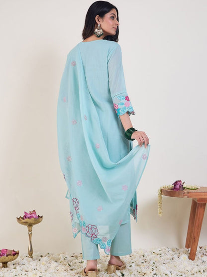 Floral Embroidered Thread Work Pure Cotton Straight Kurta & Trousers With Dupatta