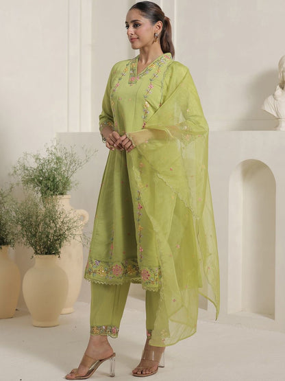 Floral Embroidered Thread Work Kurta With Trousers & Dupatta
