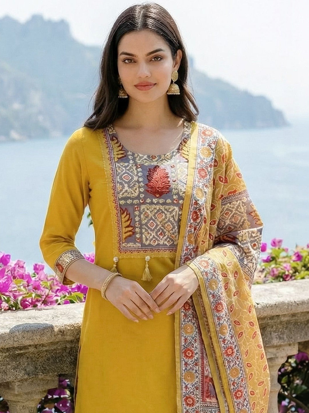 Women Ethnic Motifs Yoke Design Regular Thread Work Kurta with Trousers & With Dupatta
