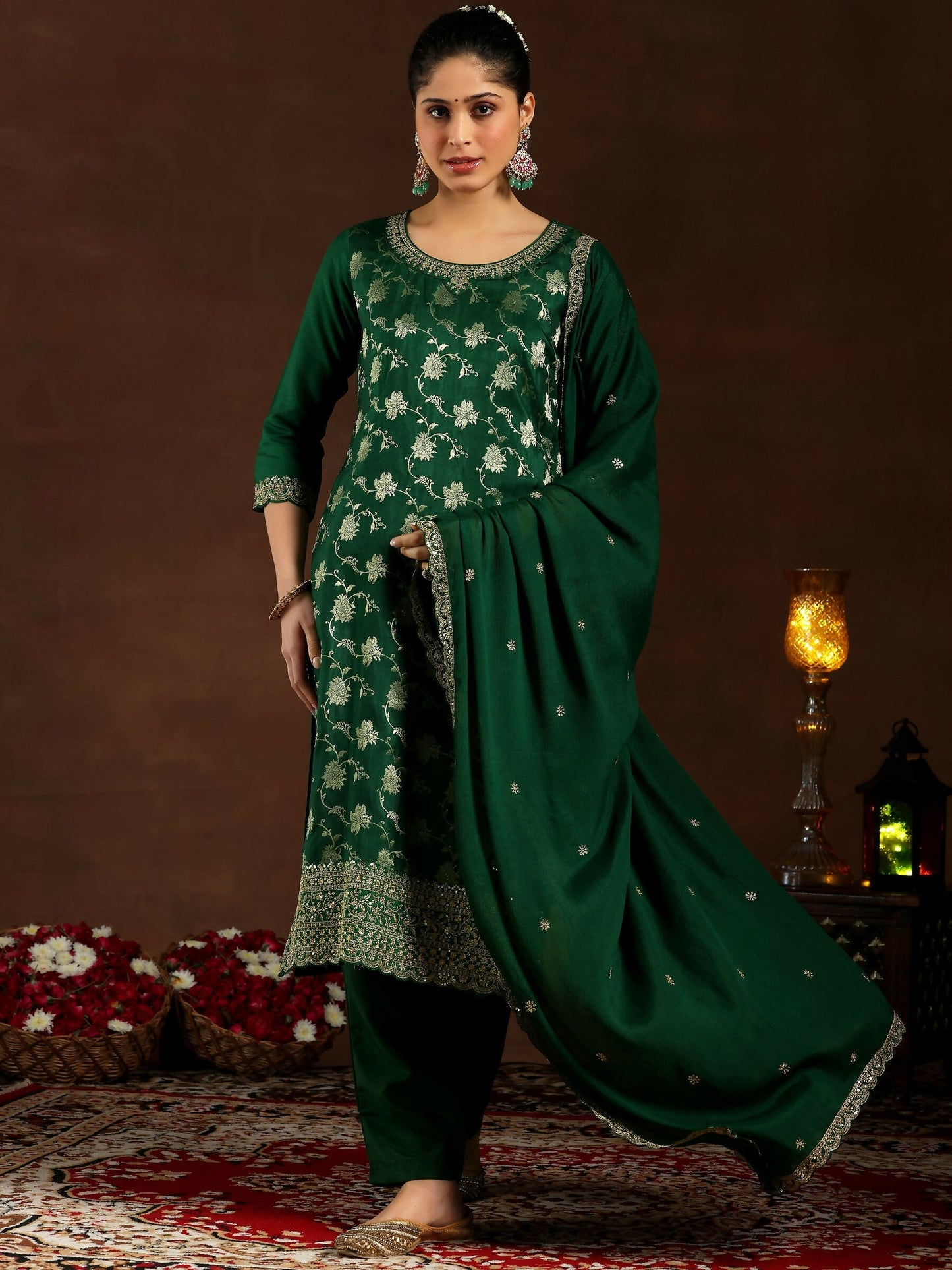 Women's LB Green Woven Design Silk Blend Straight Suit With Dupatta