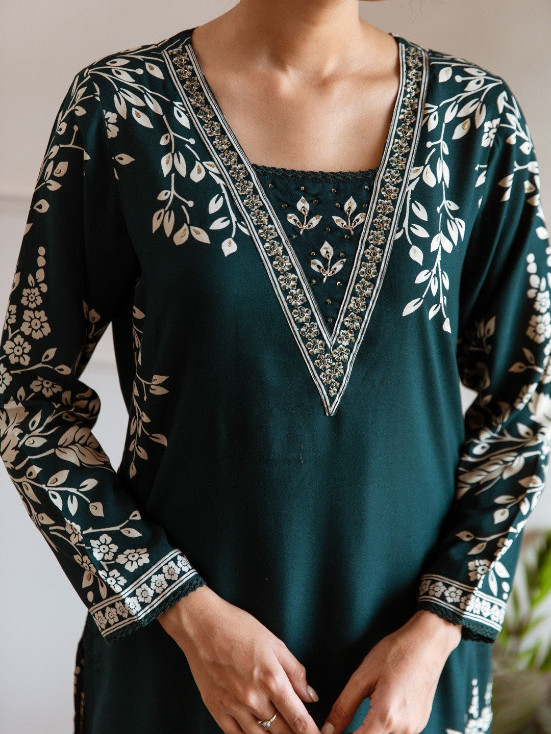 Embroidered & Printed V-Neck Kurta & Palazzos