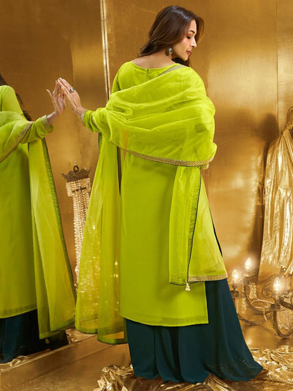 Dhiyona IN Women Geometric Embroidered Kurta with Palazzo & Dupatta