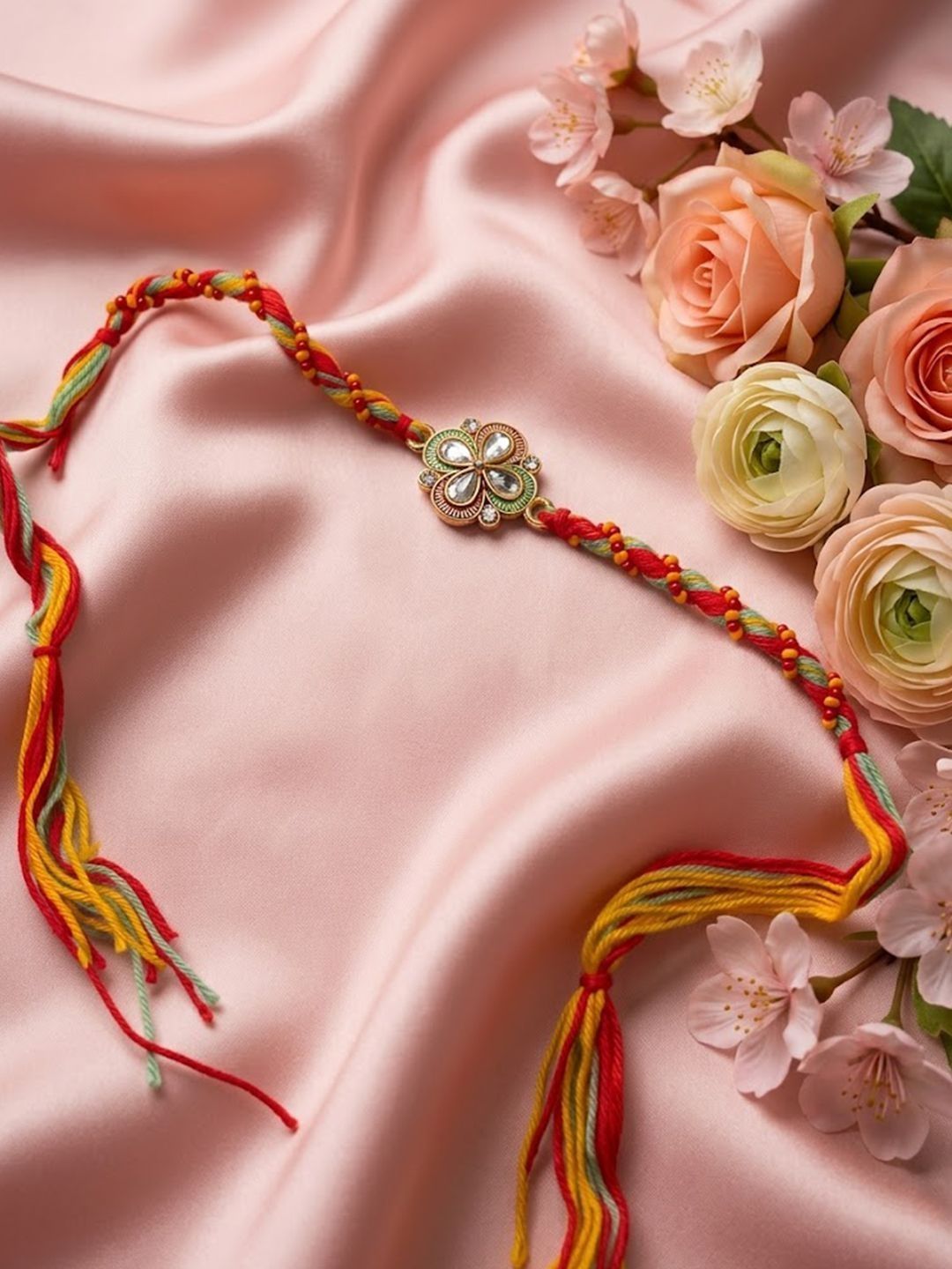 Dhiyona Traditional Artificial Stones Thread Rakhi With Roli Chawal Chandan Mishri
