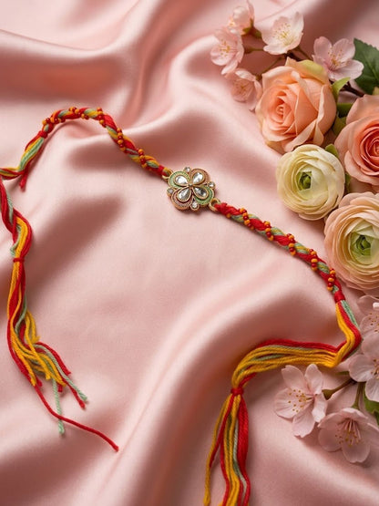 Dhiyona Traditional Artificial Stones Thread Rakhi With Roli Chawal Chandan Mishri