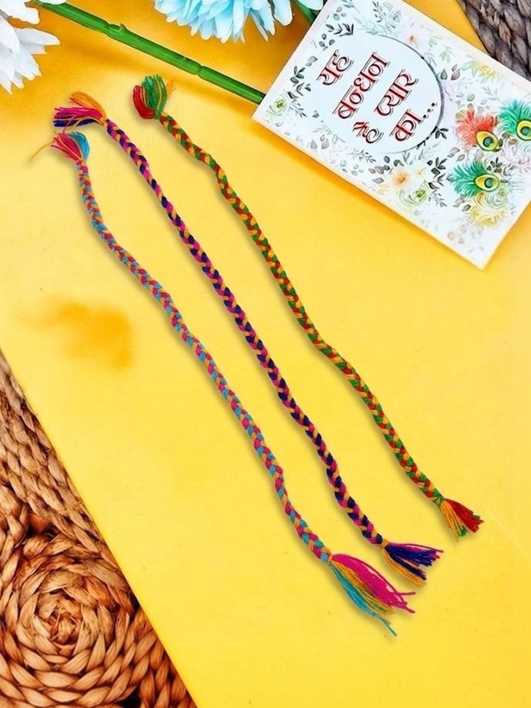 Dhiyona Set Of 3 Multicolor Thread Rakhi With Roli Chawal Chandan Mishri