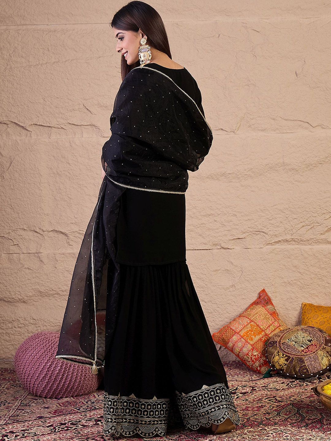Dhiyona IN Ethnic Motifs Embroidered Straight Sequinned Kurta With Sharara & Dupatta