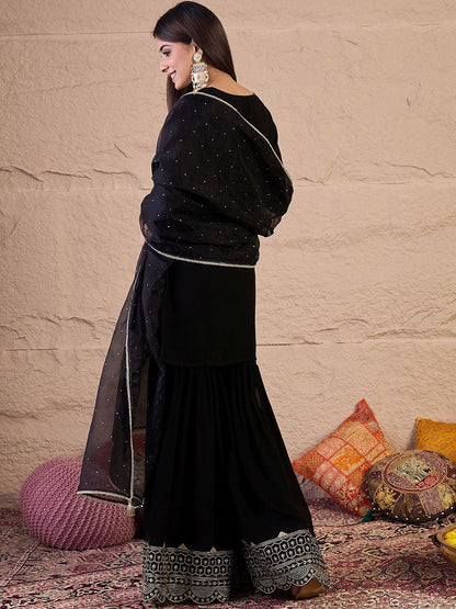 Dhiyona IN Ethnic Motifs Embroidered Straight Sequinned Kurta With Sharara & Dupatta