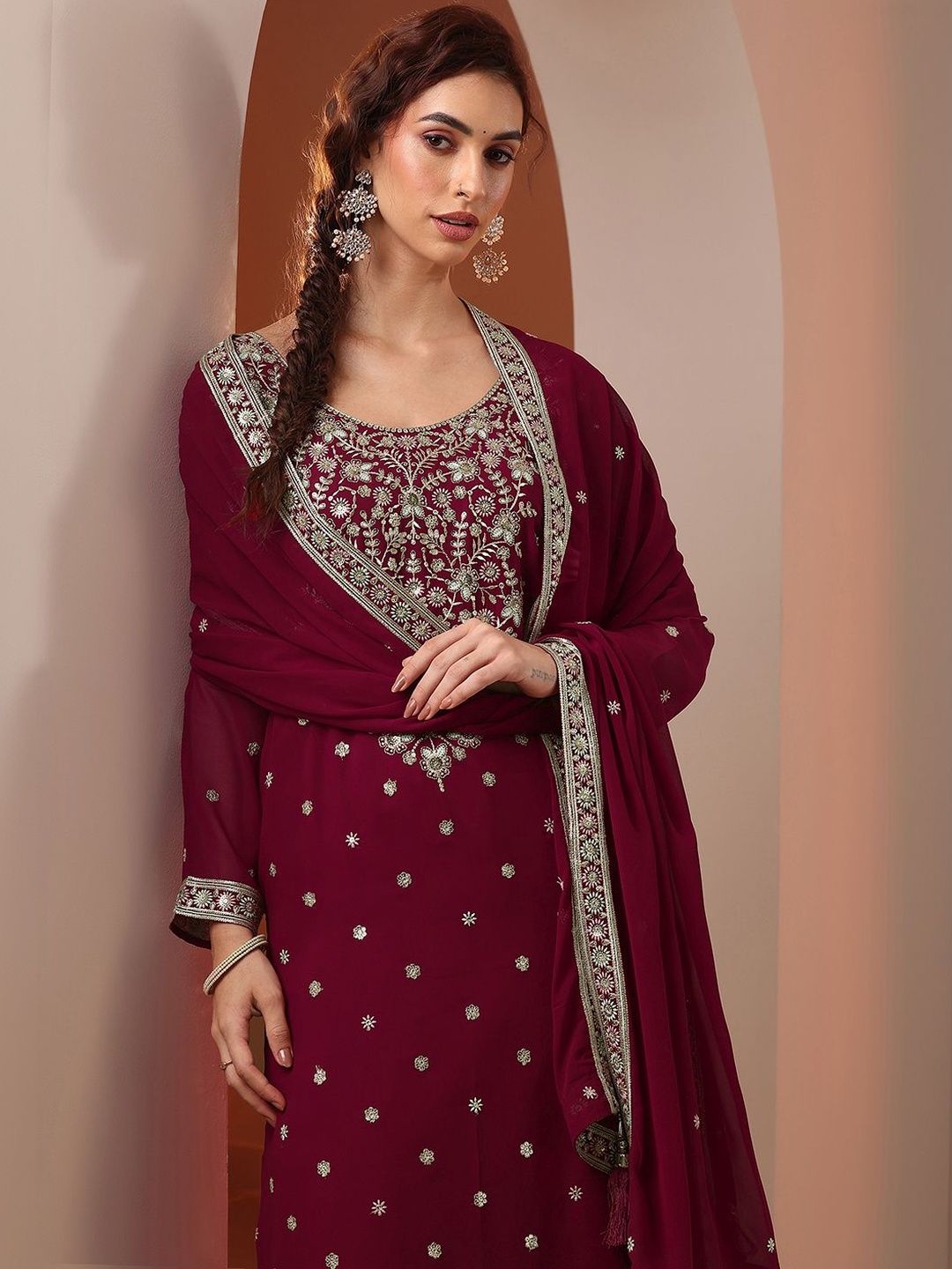 Dhiyona LL Women Ethnic Motifs Embroidered Regular Thread Work Kurta with Sharara & With Dupatta