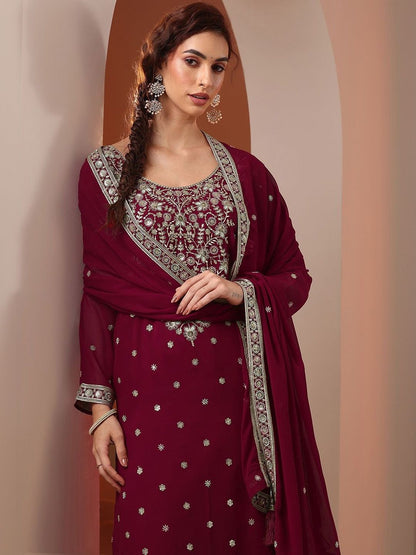 Dhiyona LL Women Ethnic Motifs Embroidered Regular Thread Work Kurta with Sharara & With Dupatta