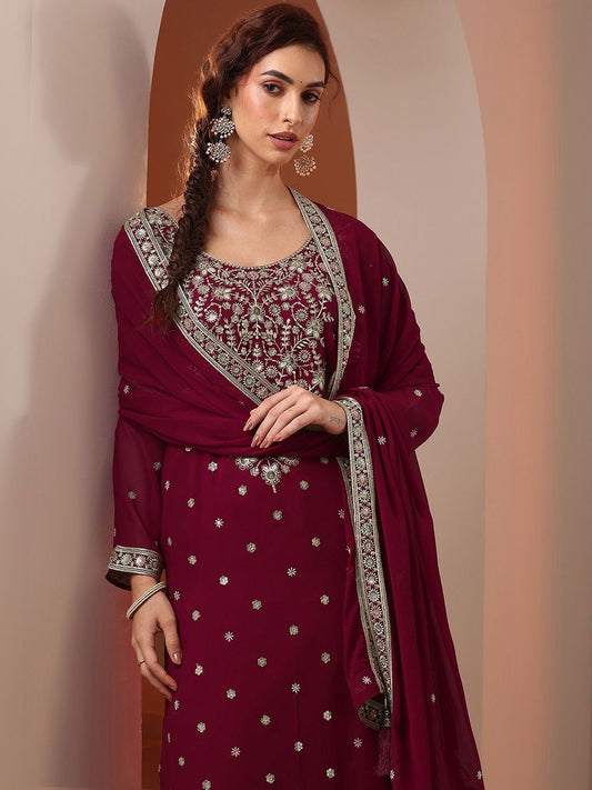 Dhiyona LL Women Ethnic Motifs Embroidered Regular Thread Work Kurta with Sharara & With Dupatta