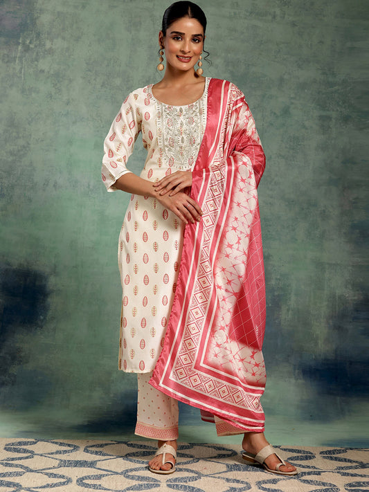 Women Ethnic Motifs Printed Regular Thread Work Kurta with Trousers & With Dupatta