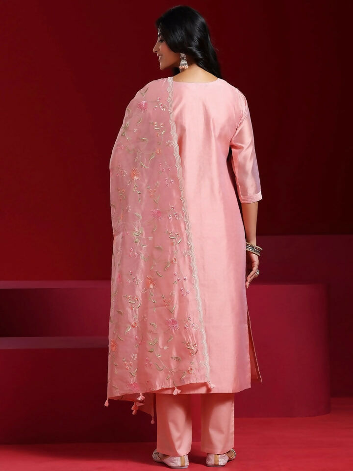 Women's LB Art Pink Embroidered Chanderi Silk Straight Suit With Dupatta