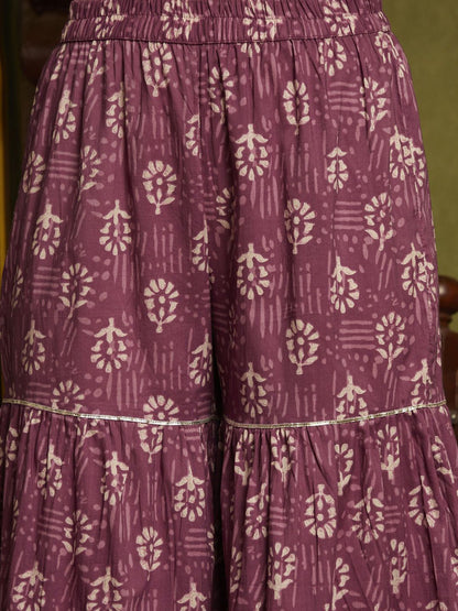 Dhiyona SN Women's Floral Printed Pleated Mirror Work Pure Cotton Kurta with Sharara & Dupatta