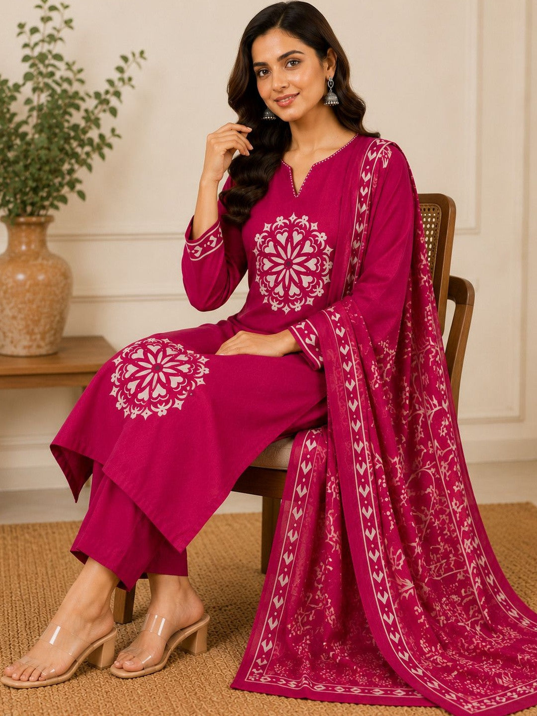 Women Ethnic Motifs Printed Regular Pure Cotton Kurta with Palazzos & With Dupatta