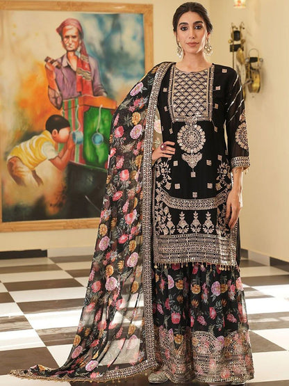 Dhiyona KL Floral Embroidered Sequinned Kurta With Sharara & Dupatta
