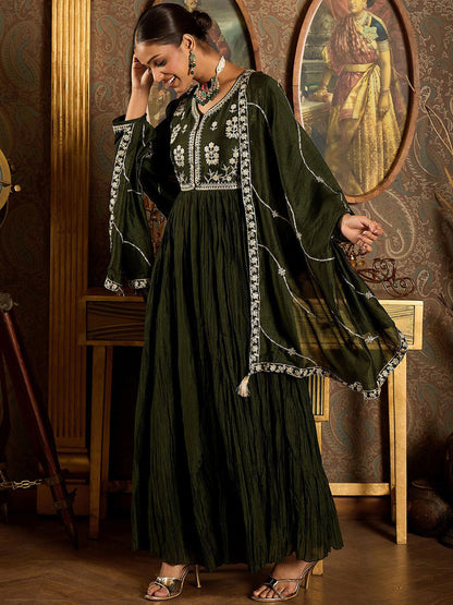 Floral Yoke Design Pleated Thread Work Anarkali Kurta With Trousers & Dupatta