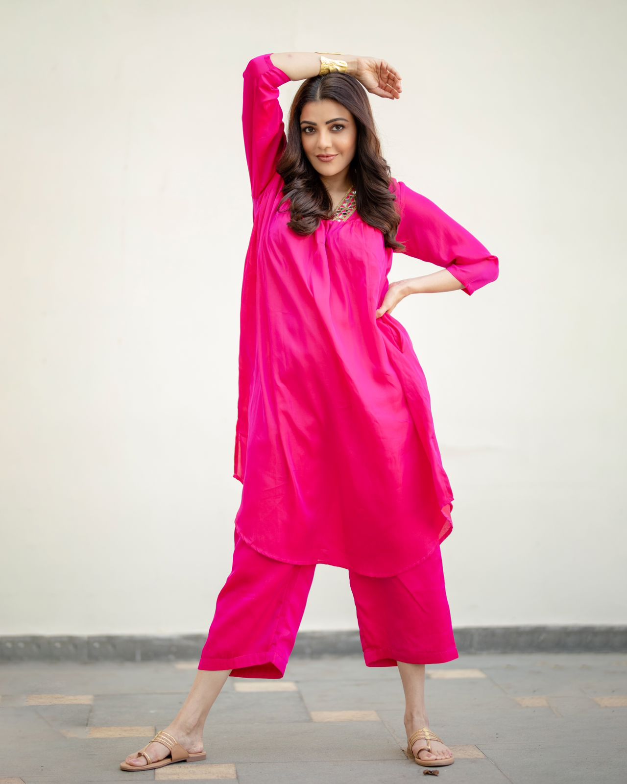 Dhiyona ST Women's Fuchsia Kurta Set with Mirror Lace and Pants 2 Piece Set | Straight Fit, V Neck, 3/4 Sleeves, Pants, Festive Wear, (Satin)