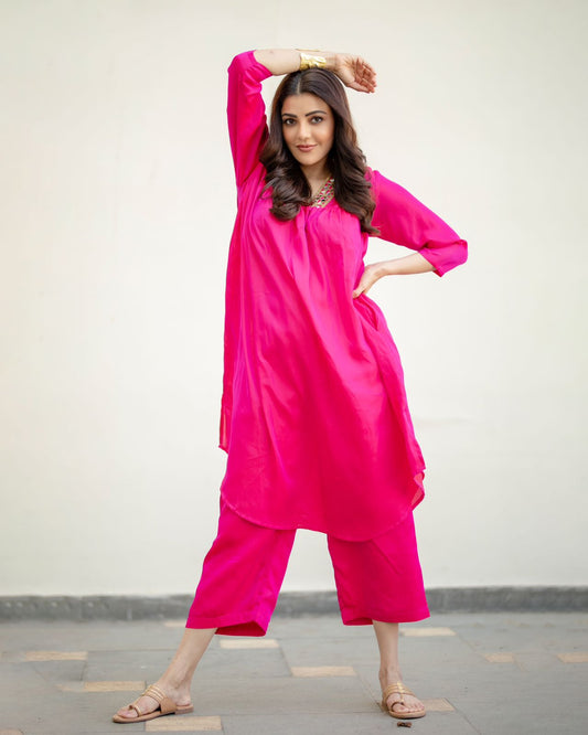 Dhiyona ST Women's Fuchsia Kurta Set with Mirror Lace and Pants 2 Piece Set | Straight Fit, V Neck, 3/4 Sleeves, Pants, Festive Wear, (Satin)