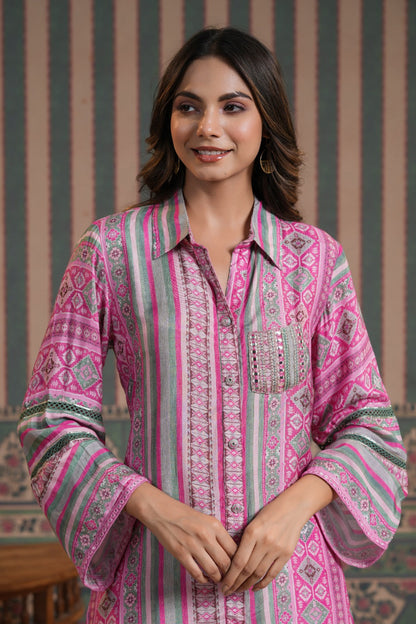 Vanitha Pink Muslin Printed Co-ord Set