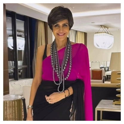 Dhiyona ST Black & Fuchsia Triangle Georgette Saree with Posh Black Blouse Fabric