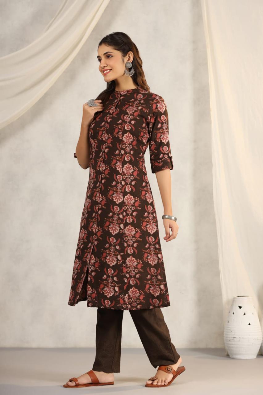 Rachna Charcoal Printed Cotton Kurta Pant Set