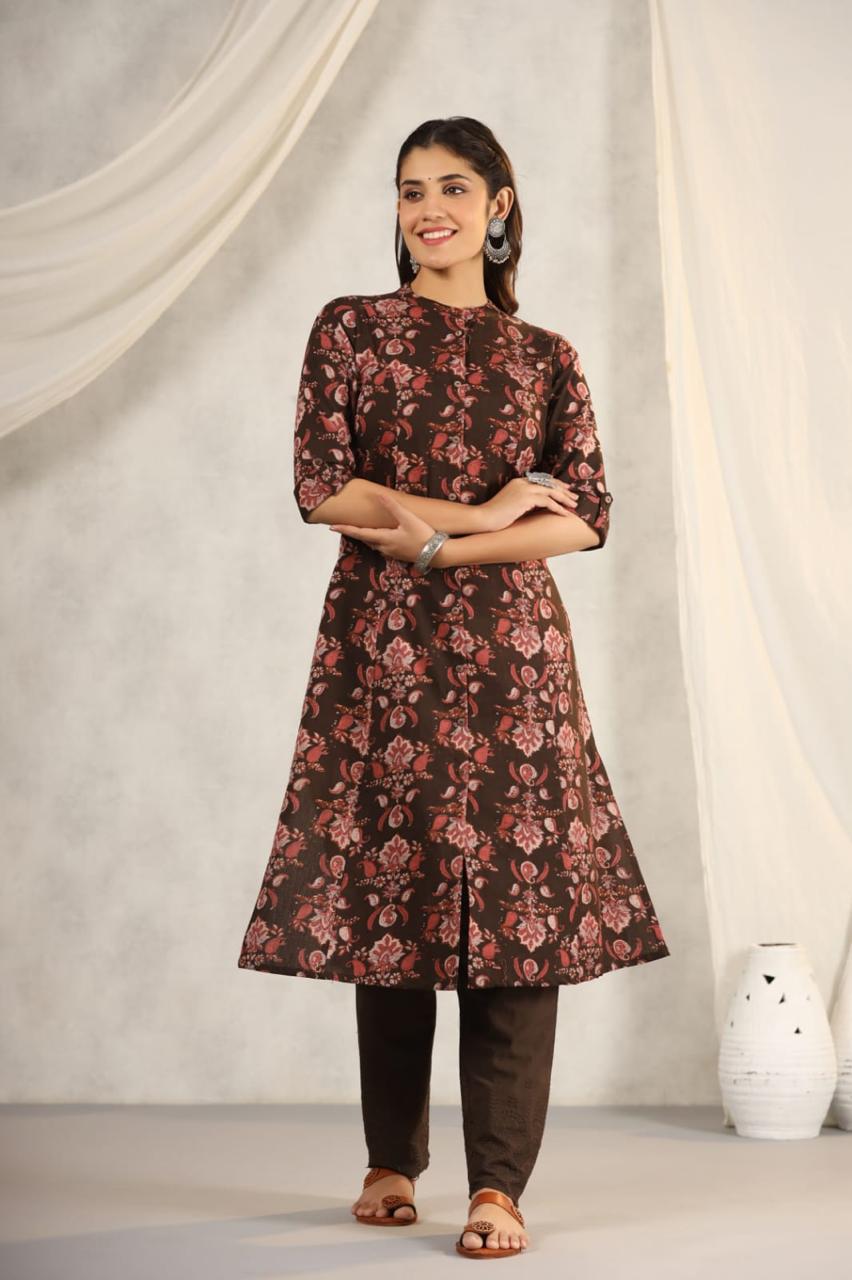 Rachna Charcoal Printed Cotton Kurta Pant Set