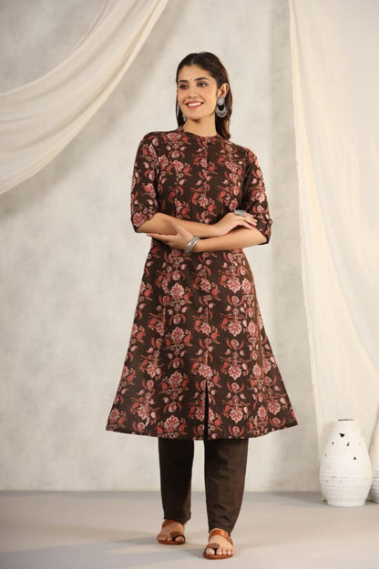 Rachna Charcoal Printed Cotton Kurta Pant Set