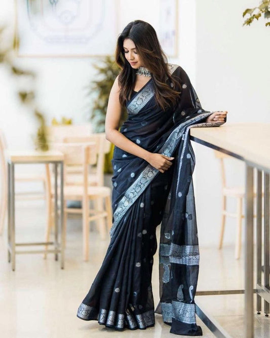 Dhiyona HH Jade Black Banarasi Semi Georgette Soft Saree with Silver Zari