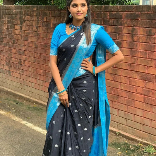 Dhiyona HH Black Blue Banarasi Semi Georgette Soft Saree with Contrast Border Silver Zari