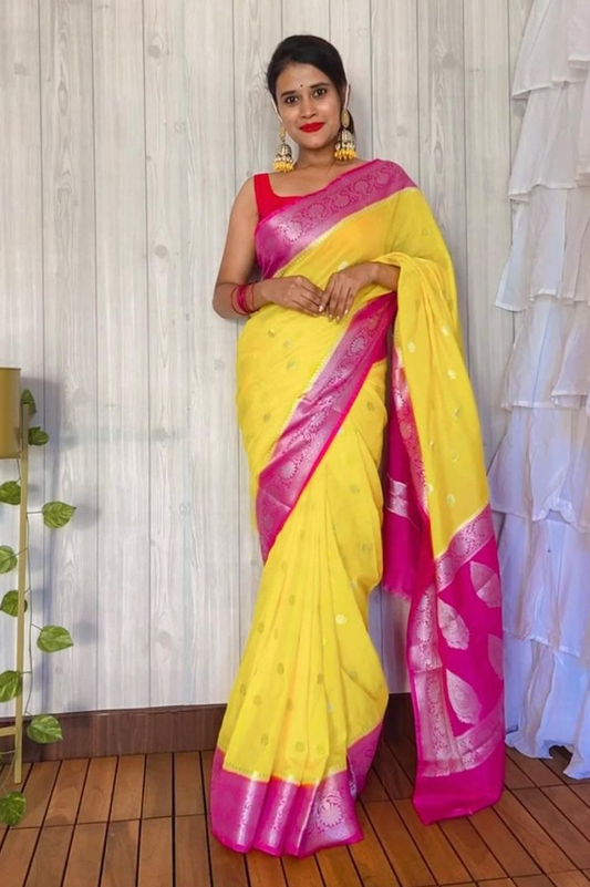 Dhiyona HH Gold Rani Banarasi Semi Georgette Soft Saree with Contrast Border Silver Zari