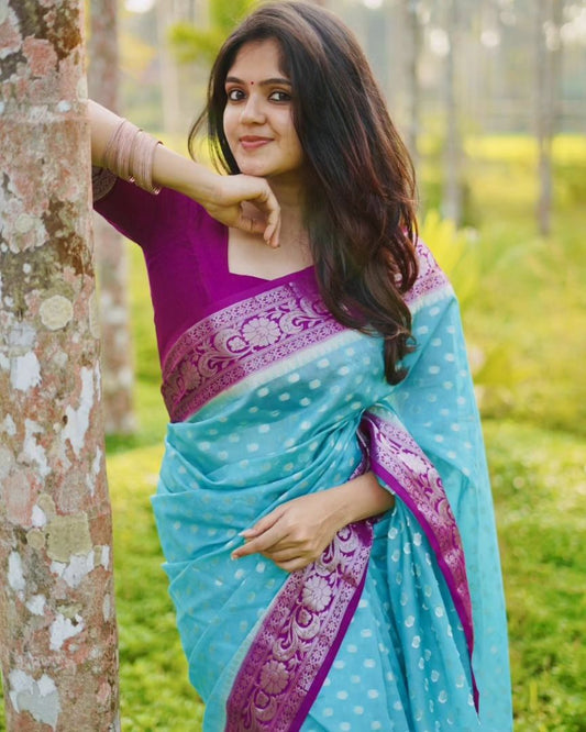 Dhiyona HH Magenta Blue Banarasi Woven Semi Georgette Soft Saree
