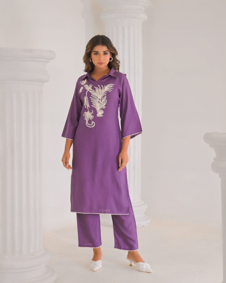 Kara Orchid Embrodiered Kurta Pant Set