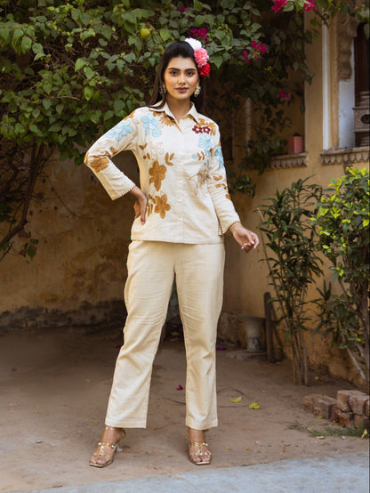 Viva tan Embroidery Cotton Co-ord Set