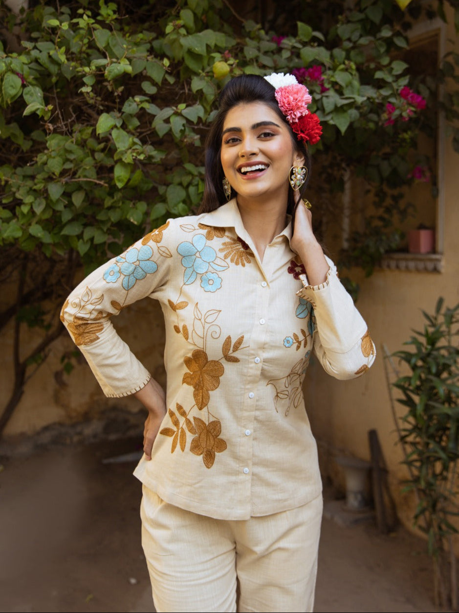 Viva tan Embroidery Cotton Co-ord Set
