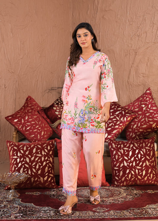 AutumnLane RAAGVI PEACH muslin PRINTED KURTA PANT SET
