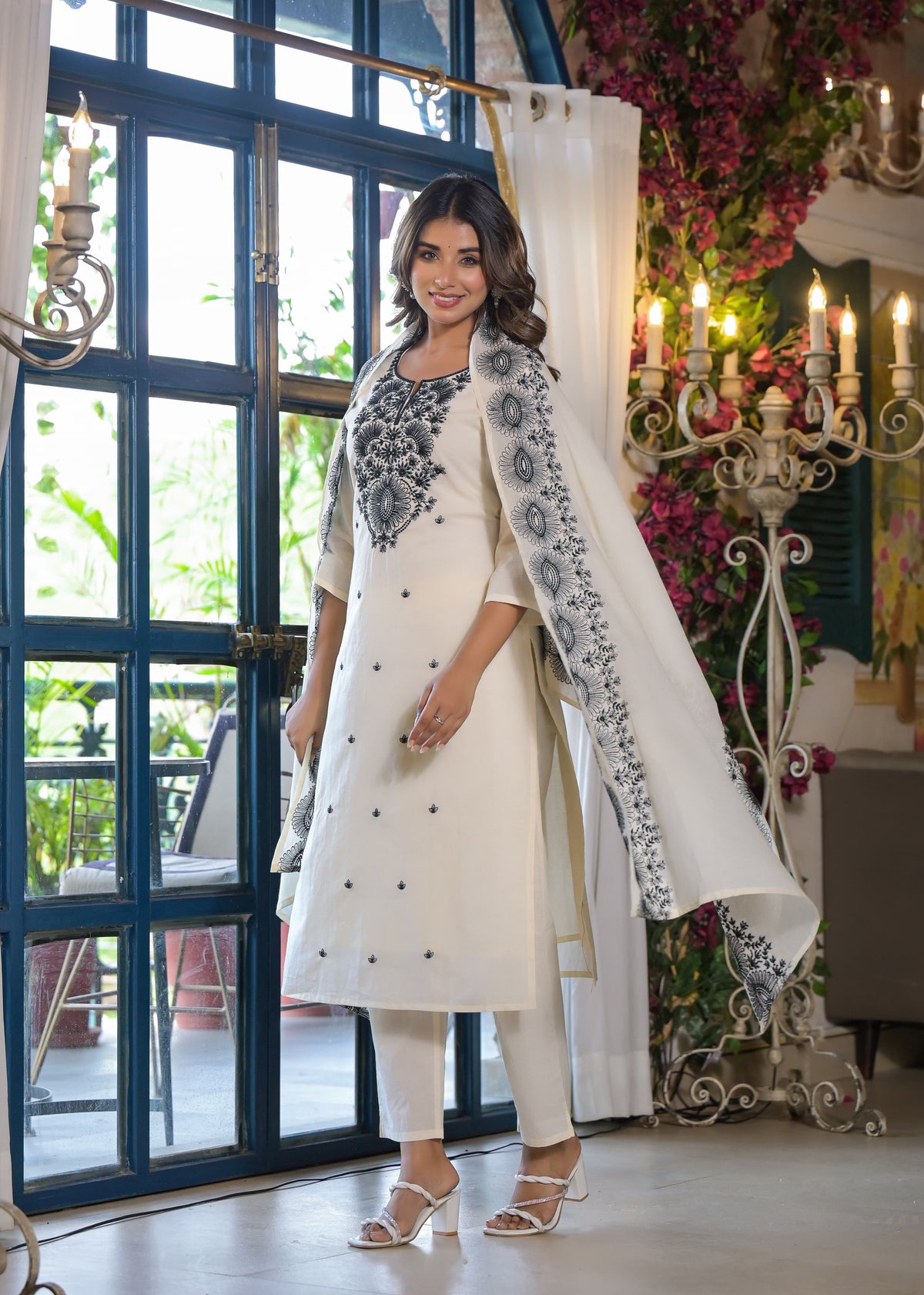 Sagarika Pearljade Embroided Cotton Suit Set