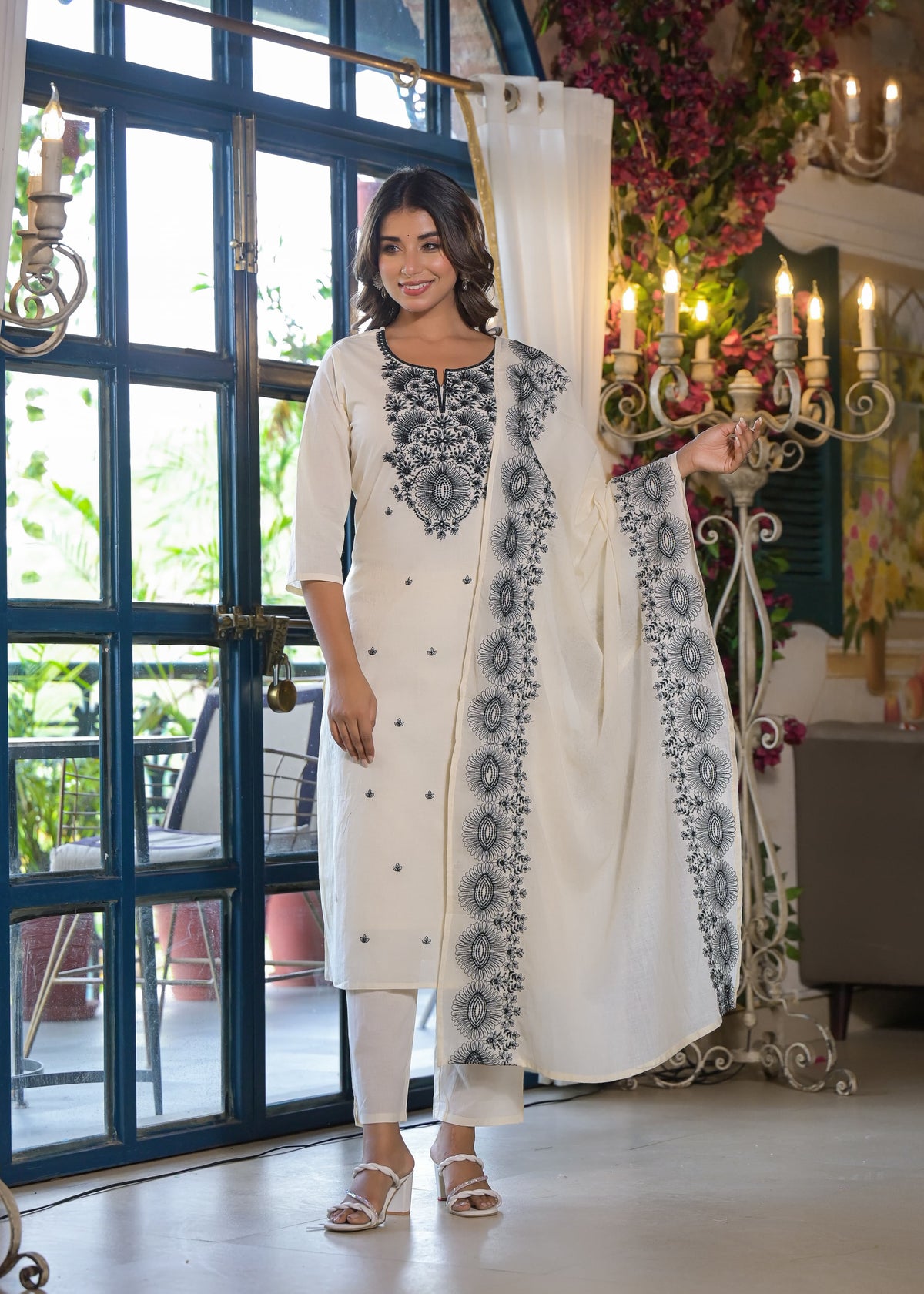 Sagarika Pearljade Embroided Cotton Suit Set
