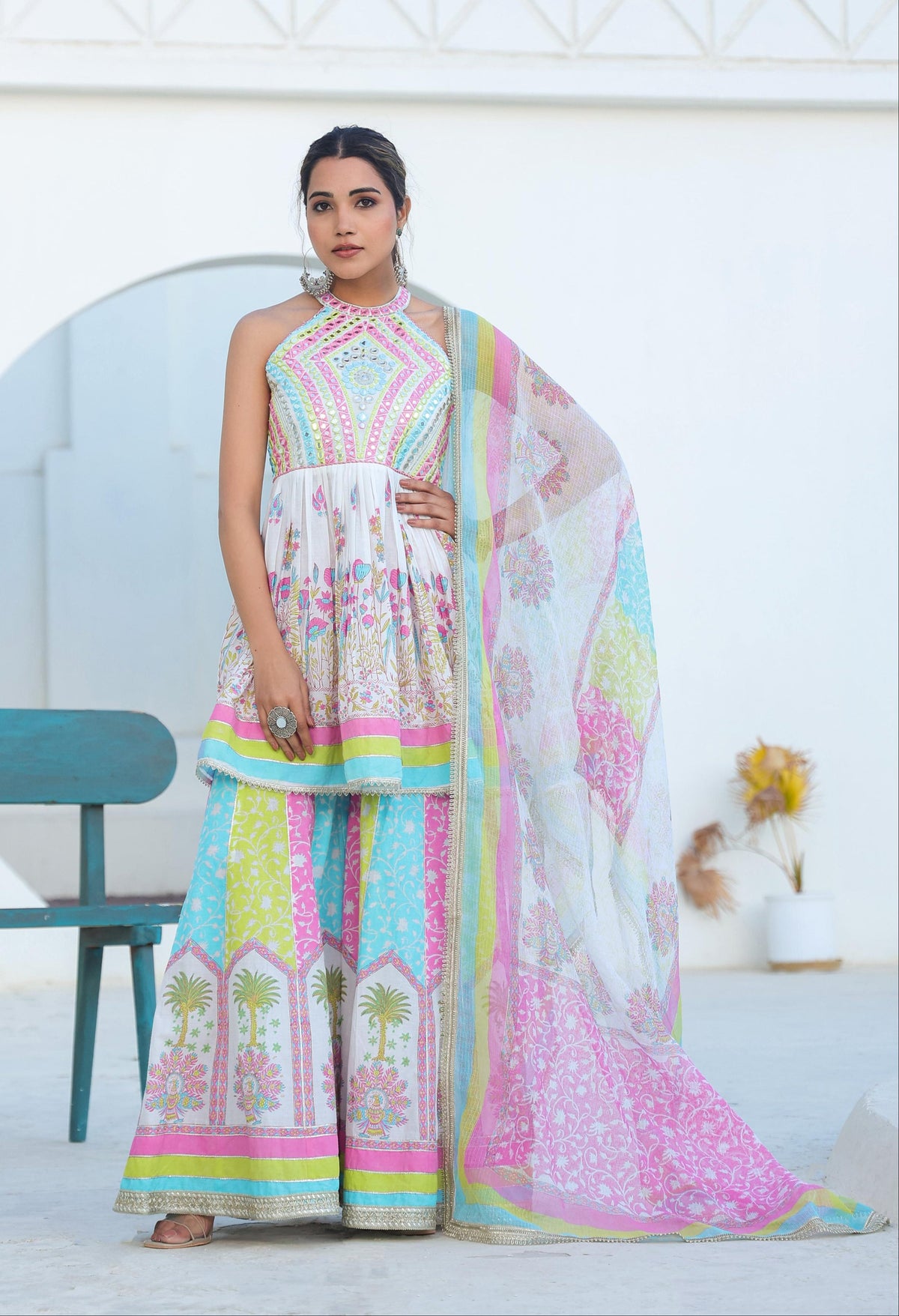 Tridhara rainbow premium cotton sharara suit set