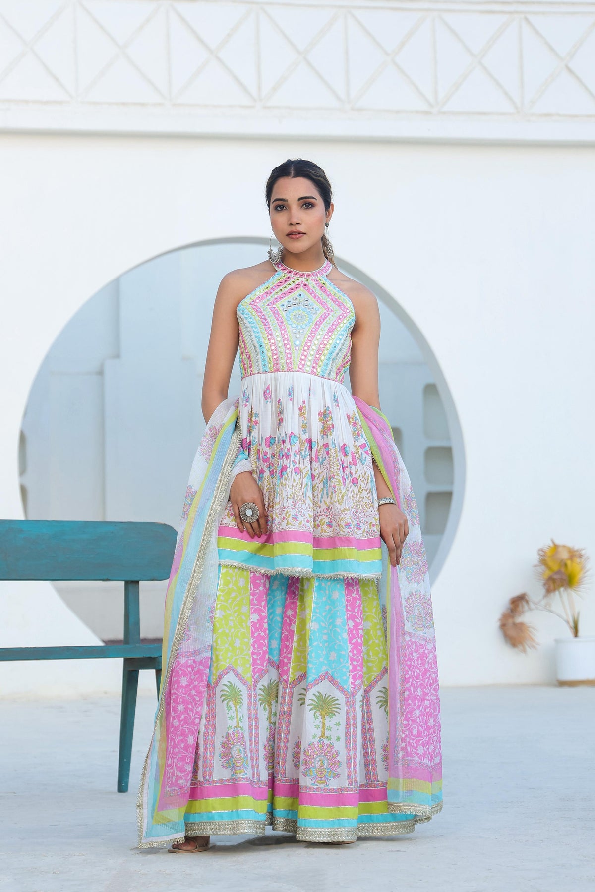Tridhara rainbow premium cotton sharara suit set