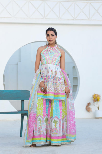 Tridhara rainbow premium cotton sharara suit set
