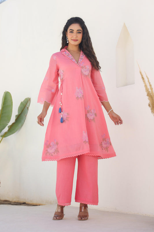 AutumnLane Tridhara Flamingo Embroidered Cotton Mul Co-ord Set