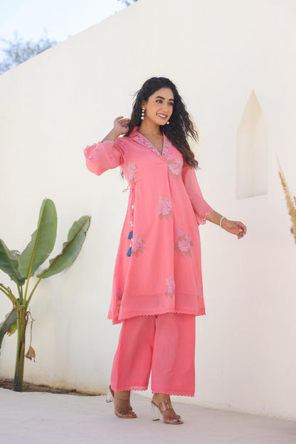Tridhara Flamingo Embroidered Cotton Mul Co-ord Set