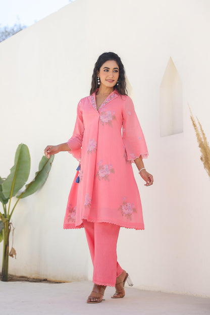 Tridhara Flamingo Embroidered Cotton Mul Co-ord Set