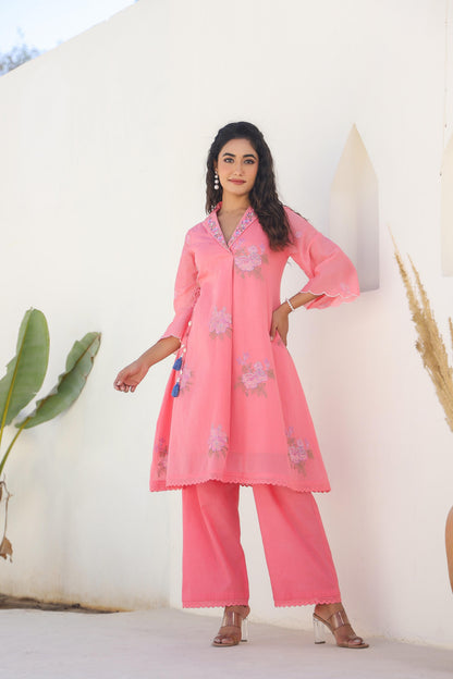 Tridhara Flamingo Embroidered Cotton Mul Co-ord Set