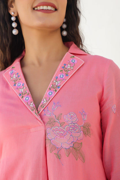 Tridhara Flamingo Embroidered Cotton Mul Co-ord Set