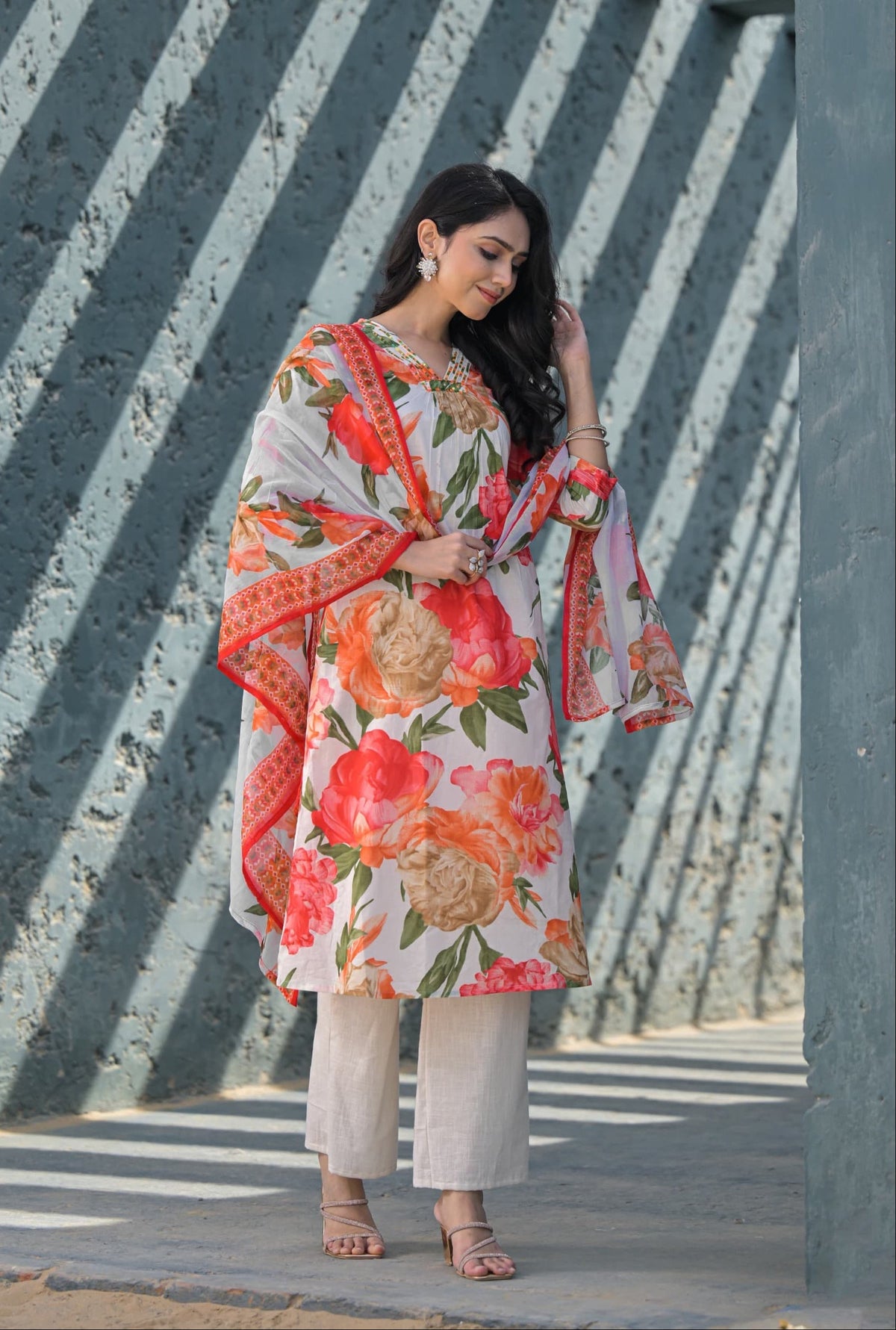 Swarnali Apricot Printed Cotton Suit Set