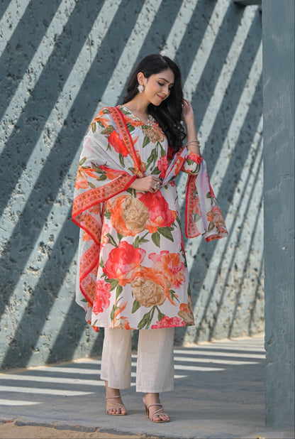 Swarnali Apricot Printed Cotton Suit Set