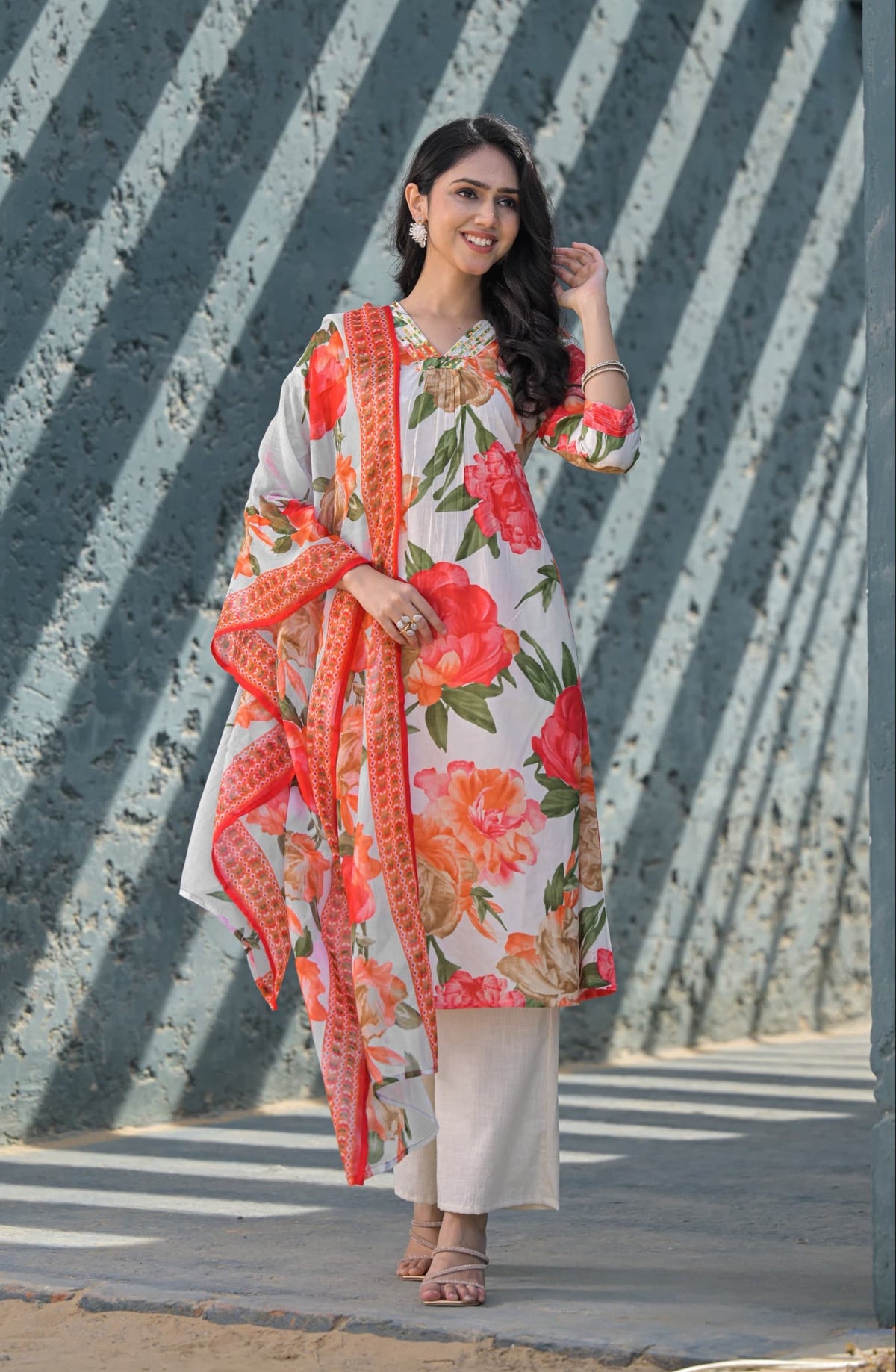 Swarnali Apricot Printed Cotton Suit Set